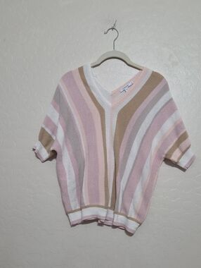 Chico's Pink White Tan Striped V-Neck Short Sleeve Sweater